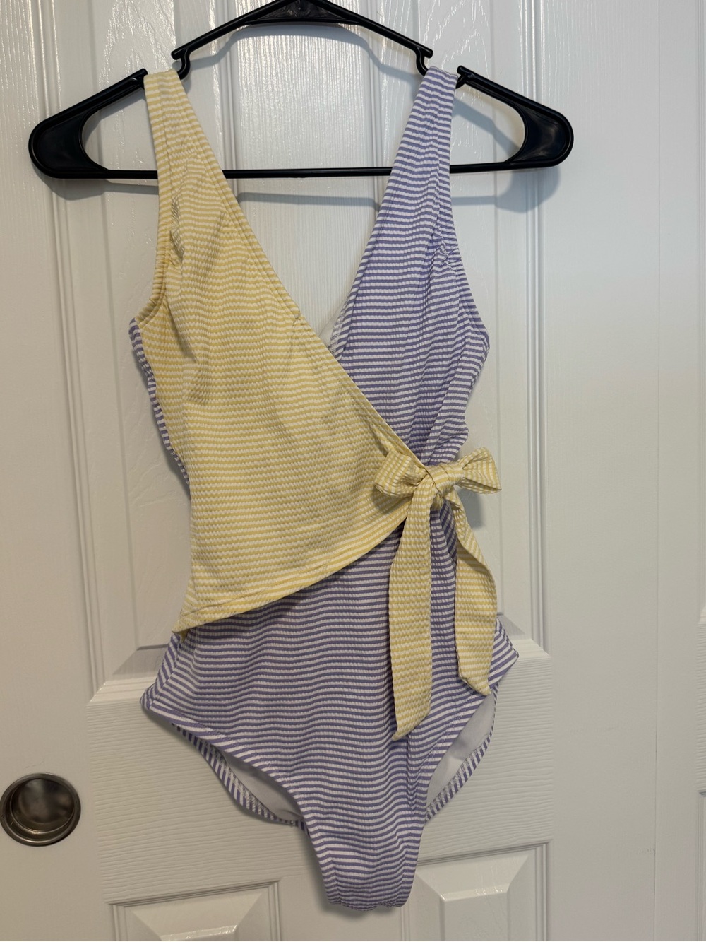 Kona Sol Striped Tie-Waist One-Piece Swimsuit - Lavender & Pale Yellow